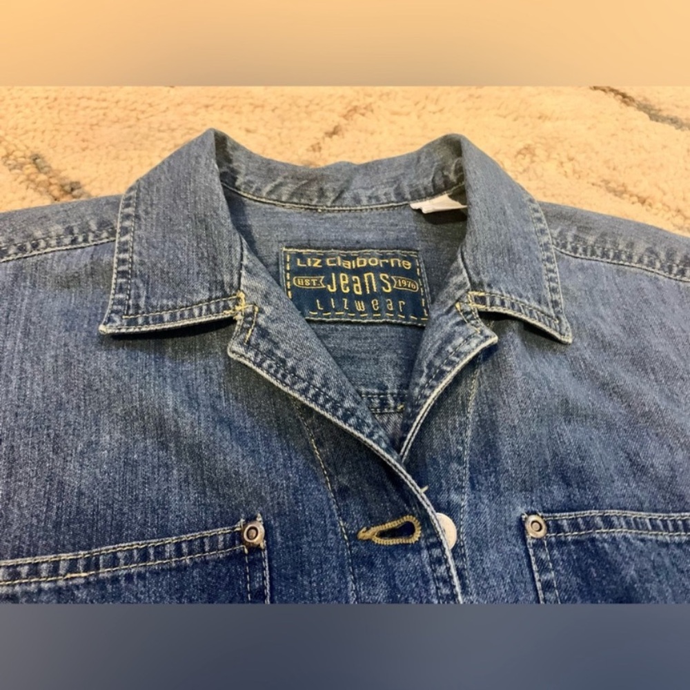 Vintage Liz Claiborne Denim Jumpsuit Romper Belted Utility 90s Blue Medium - Picture 6 of 11